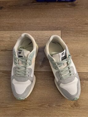 Fabletics White Sneakers with Light Gray and Mint Accents